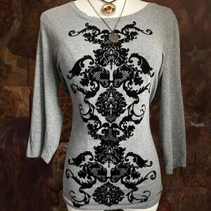 Grey Black Baroque Floral Pattern 3/4 sleeve Print Top | Gothic Whimsigoth
